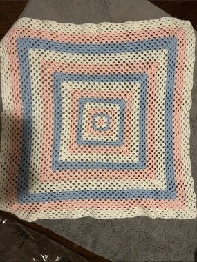 Handmade Crochet Square Baby Blanket in Pastel Pink, Blue, and Cream